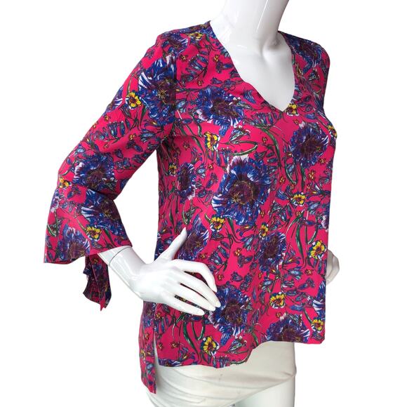 Prabal Gurung Collective Womens Size 2 Top Floral Flare Sleeve V Neck Pink - Picture 10 of 15